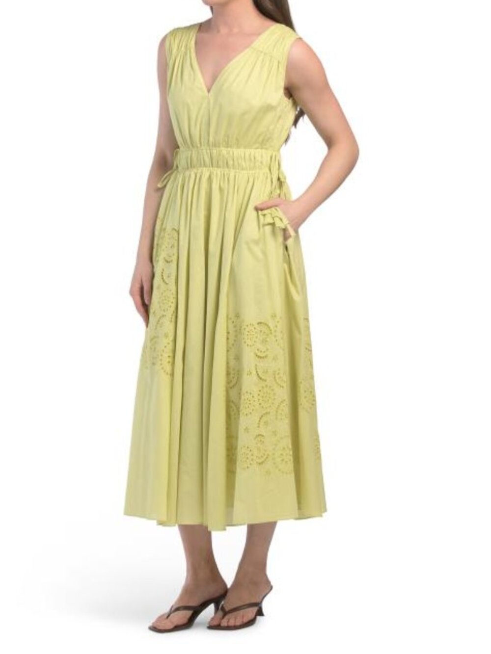 ELIE TAHARI V-neck Shirred Waist Sleeveless Side Tassel Dress